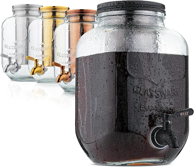 BTaT- 1 Gallon Cold Brew Coffee Maker Thick Glass Pitcher with Stainless Steel Filter Lid &amp Spigot Iced Coffee &amp Sun Tea Brewer Large Mason Jar Cold Brew Container Fast Iced Tea Maker for