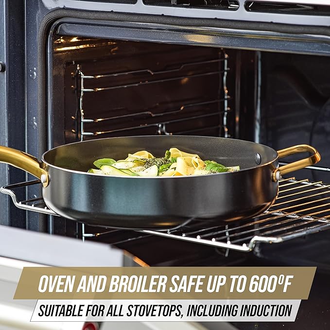 Blue Diamond 4QT Saute Pan with Lid Non Toxic Induction PFAS-Free Diamond Ceramic Nonstick Dishwasher &amp Oven Safe Metal Utensil Safe Gold Handle &amp Helper Handle Jumbo Skillet Glass Lid