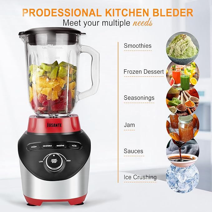 Professional Blender 1200W 64oz Glass Jar Smoothie Blender for Kitchen Countertop with High Speed Total Crushing for Smoothies Frozen Drinks Ice Cream