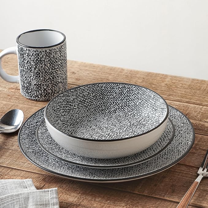 Stone Lain Sophie Rustic Stoneware Dinnerware Service for 4 Black and White Textured 16 Pieces
