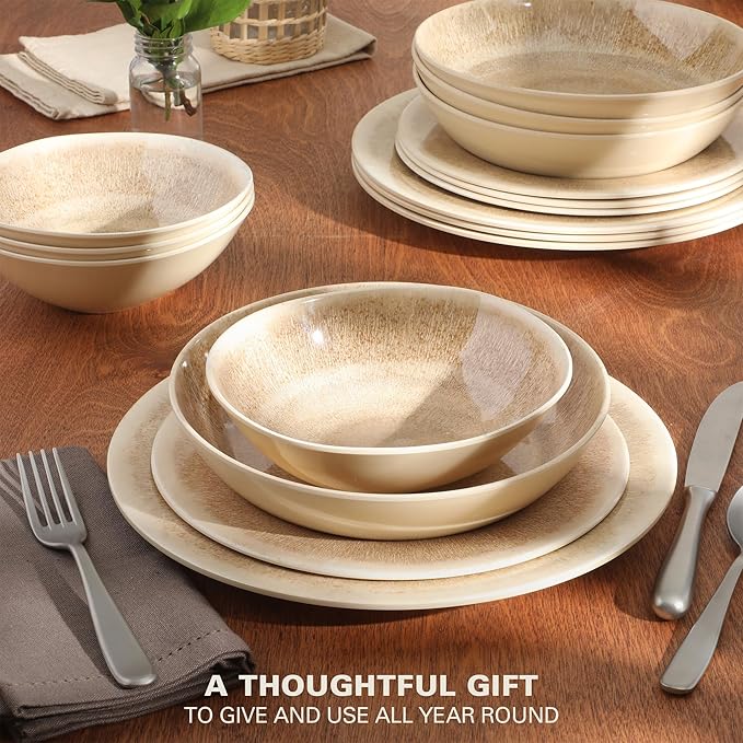 Gibson Home Casper Court 16-Piece Melamine Dinnerware Set – Beige Reactive Glaze Look Plates and Bowls Service for 4 – Top Rack Dishwasher Safe Everyday Dining Set