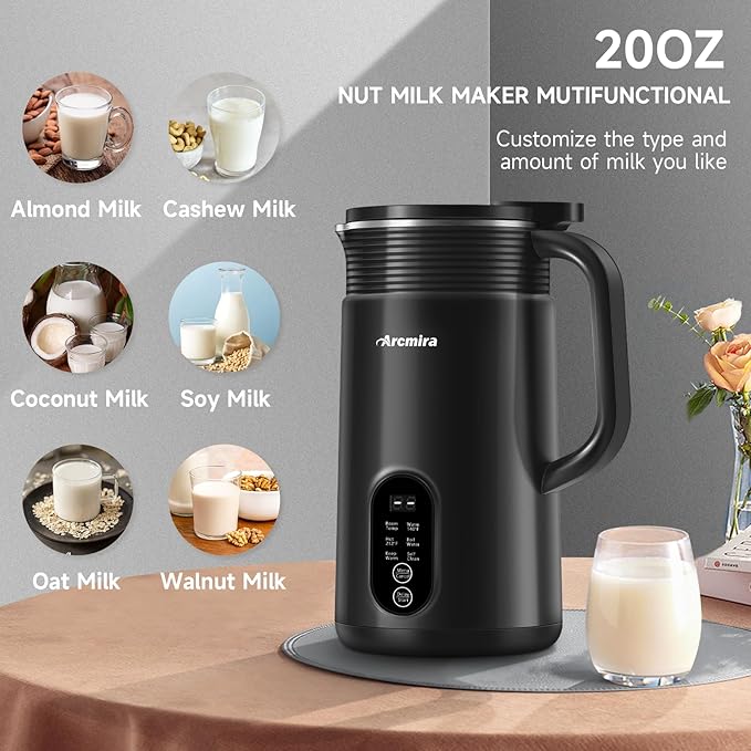 𝟲 𝗶𝗻 𝟭 Nut Milk Maker Machine 20 oz(600ml) Homemade Almond Soy Oat Plant-Based and Non-Dairy Beverages Almond Miilk Makerr Delay Start/Boil Water/Keep Warm Soy Milk Machine Nut Milk Bag