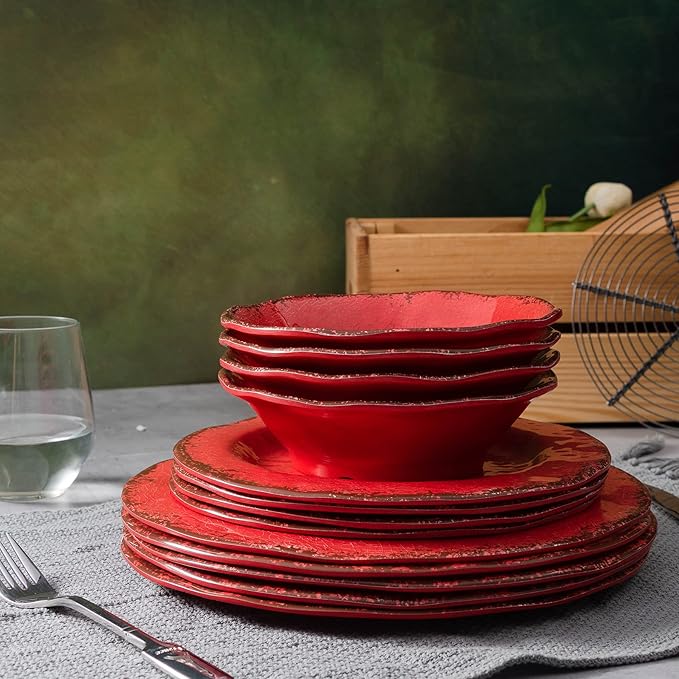 LEHAHA Farmhouse Plates and bowls set 12 Piece Christmas Melamine Dinnerware Sets for 4Lightweight and Unbreakable Dishes SetPerfect for Indoor and Outdoor and Picnic use. Red