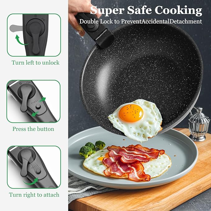12Pcs Pots and Pans Set Nonstick Cookware Sets Kitchen Cooking Set with Spatula and Detachable Handle Black