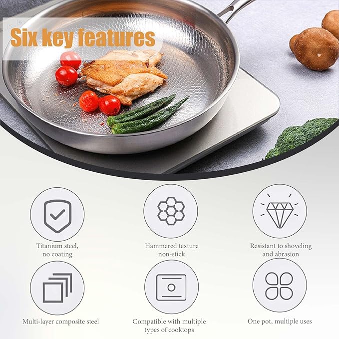 Titanium Frying Pan Titanium Hammered Cookware Set Pro Pure Titanium Frying Cookware Pan With Lid For Cooking Suitable For All Stovetops No Coating | Non-Stick (Without lid 11.1in)
