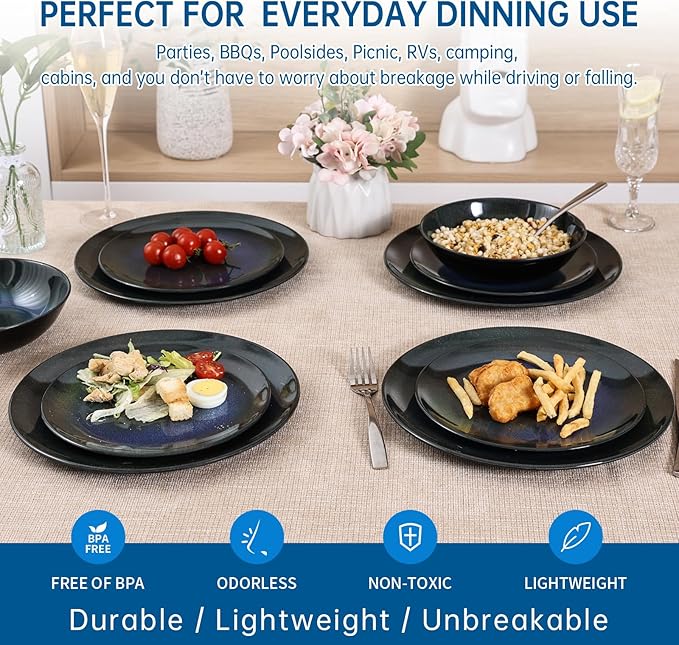 Melamine Dinnerware Set 12pcs Plates and Bowls Set Blue Dinner Dishes Set for Indoor and Outdoor BPA-Free Dishwasher Safe