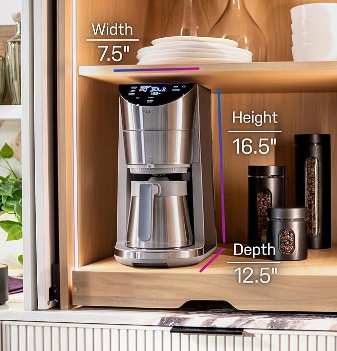 GE Profile Smart Grind &amp Brew Coffee Maker w/Podless Single Serve 90oz Water Reservoir 10 Cup Thermal Carafe Voice Control Adjustable Burr Grinder SCA Certified Barista-Quality Stainless St