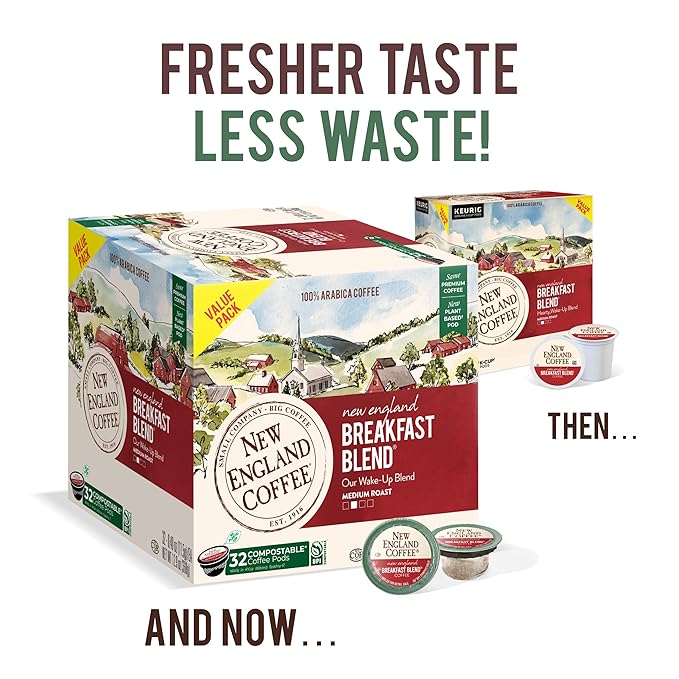 New England Coffee Breakfast Blend Medium Roast Single Serve Pods 32ct Box (Pack of 4)