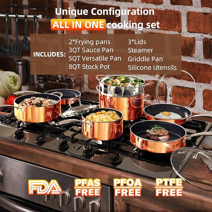 Deluxe DUXANO 14PC Healthy Pots and Pan With 9H Anti-scratch Coating 2-Layer Non-Stick Ceramic&ampPFAS Free Sensitively&ampEvenly Induction Cooking Enhanced Flavor with Infrared Cookware Dishwas