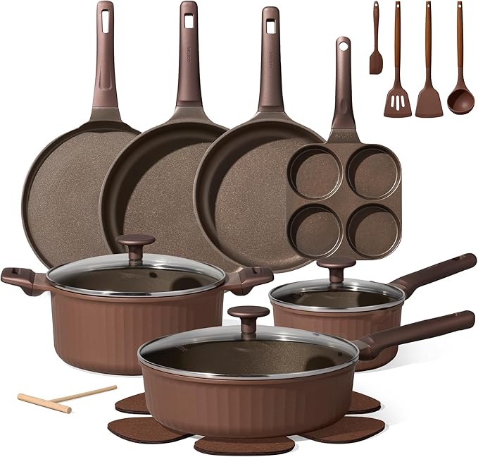 CAROTE Pots and Pans Set Non Stick Cookware Sets Nonstick 21 pcs Kitchen Pot &amp Pan Induction cookwasre Compatible with Crepe Frying Pan PFOA/PFOSFree