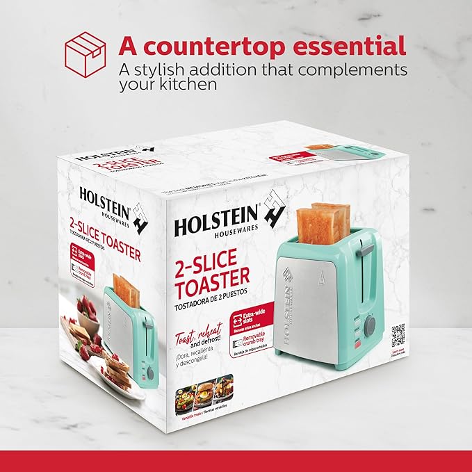Holstein Housewares 2-Slice Toaster with 7 Browning Settings Extra-Wide Slots Reheat Defrost Cancel High-Lift Release Removable Crumb Tray – Compact Stainless Steel Mint