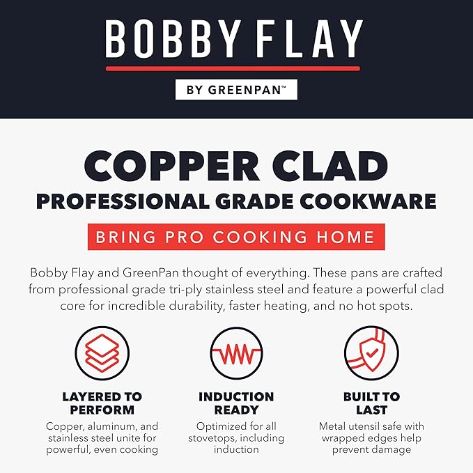 GreenPan x Bobby Flay 2QT Copper Clad Chef’s Pan with Lid Induction Ready Sauce Pot Measurement Markings Stainless Steel Base &amp Interior Oven Safe Saucepan to 500˚F