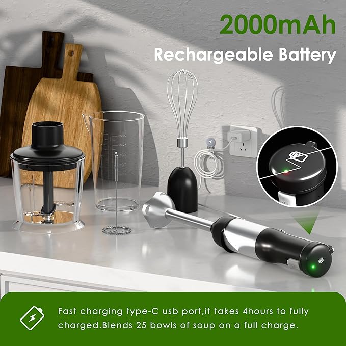 Cordless Immersion Hand Blender 5-in-1 Variable Speed blender handheldRechargeable with 2000mAh Battery BPA-Free &amp Dishwasher-Safe Accessories:700ml BeakerChopperWhisk &amp Milk FrotherBlac