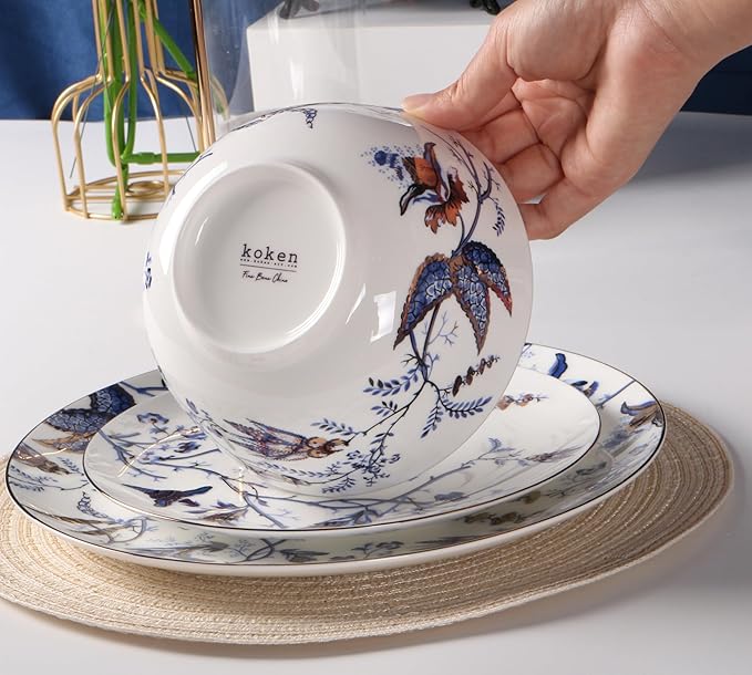 Bulgary Plates and Bowls Sets Dishes Set for 4 Ceramic Plates and Bowls Set Service for 4 Bone China Dinnerware Set Salad Dessert Plates and Cereal Bowls Set Microwave safe by KOKEN