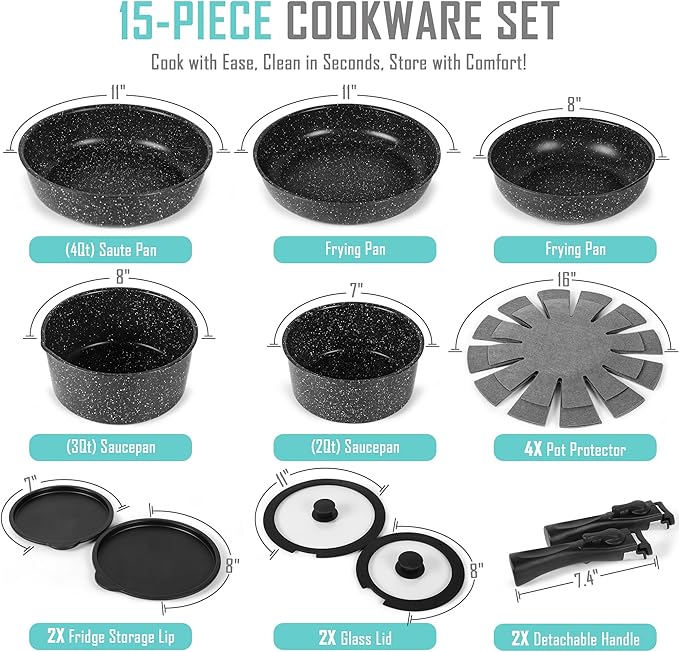 15-Piece Premium Nonstick Cookware Set – Marble Coated Pots &amp Pans (Interior &amp Exterior) Removable Handle Space-Saving for RVs &amp Small Kitchens Induction &amp Oven Safe PFOA-Free