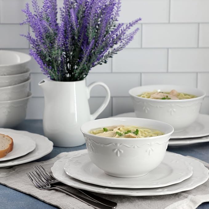 Elama Henryi 18 Piece Embossed Rim Detail Porcelain White Dinnerware Set Tableware Set Serveware (18 Piece)