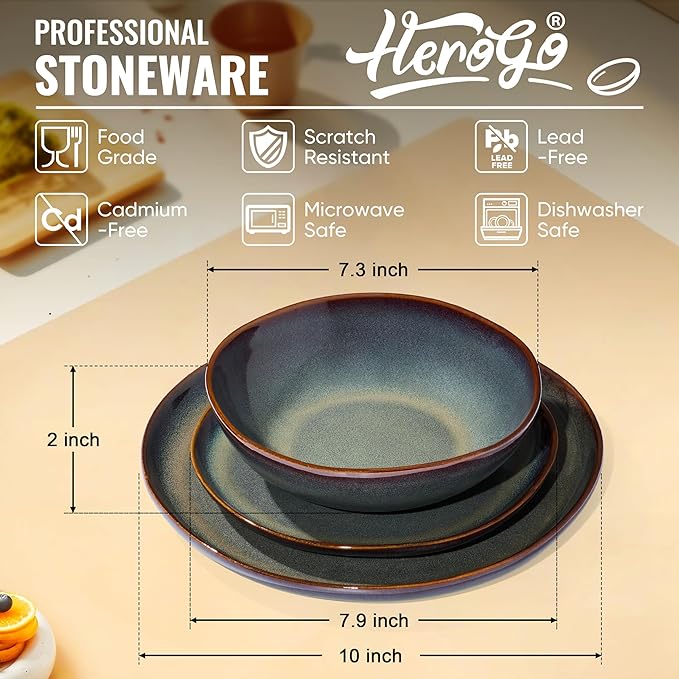 Herogo Stoneware Dinnerware Sets for 8 24 Piece Plates and Bowls Dish Set Irregular Handmade Dinner Ware Dishware for Kitchen Dinning Microwave &amp Dishwasher Safe Lichen Green