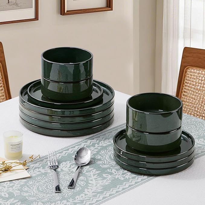 LIANYU Plates and Bowls Sets for 4 12 Piece Stoneware Dinnerware Dishes Set Ceramic Dinner Dishware for Pasta Dessert Cereal Rustic Terracotta Bottom Chip Resistant &amp Dishwasher Safe Hunter G