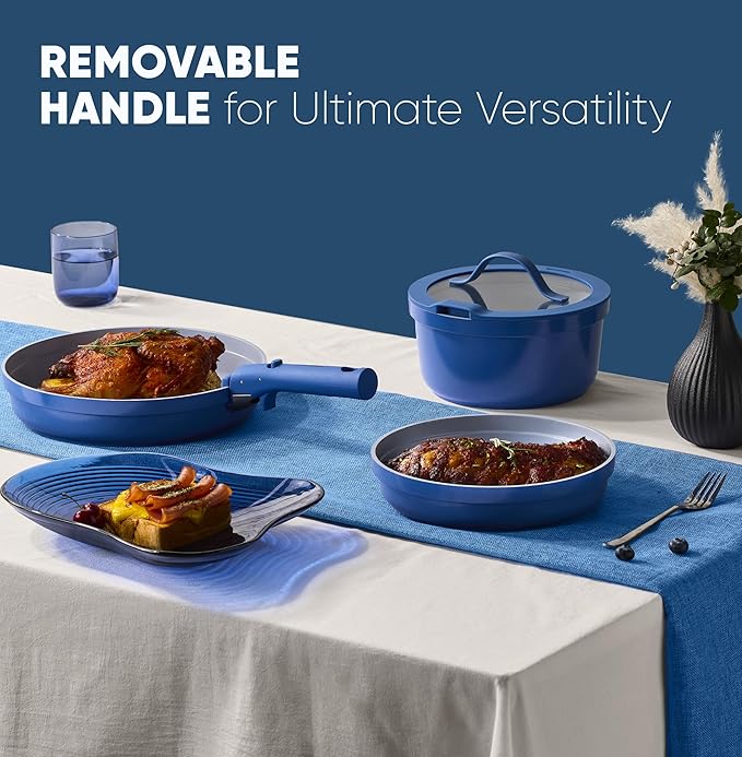 CAROTE 9pcs Pots and Pans SetCeramic Cookware Sets Non Stick with Detachable Handle Induction Kitchen Pots and PansRV Cooking Set Oven/Dishwasher/Fridge Safe Malta Blue