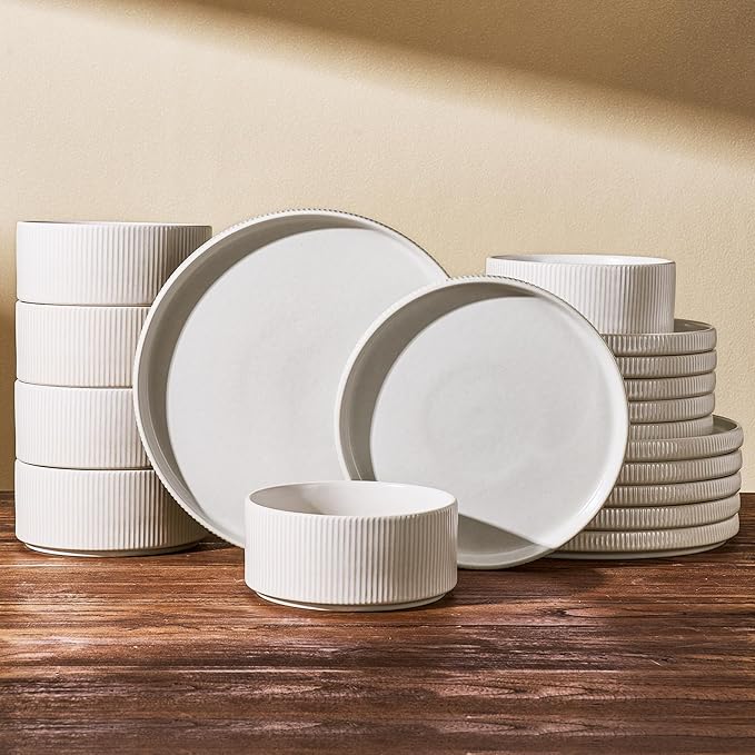 24-Piece Dinnerware Set for 8 Famiware Premium Stoneware Dish Set with Ribbed Plates and Deep Bowls Double Reactive Glaze Chip &amp Scratch Resistant Microwave &amp Dishwasher Safe Matte Reacti