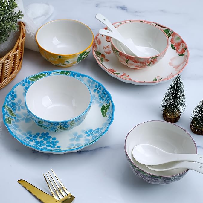 Floral Dinnerware Sets for 2 10-Piece Stoneware Plates &amp Bowls Sets Microwave &amp Dishwasher Safe Chip Resistant Gift Box Included