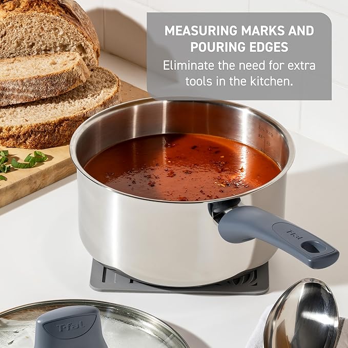 T-fal Essentials Stainless Steel Saute Pan with Lid 3.5 Quart Induction Compatible Oven Safe 350F Perfect For Sautéing Browning &amp Simmering Saucepan Measuring Marks Dishwasher Safe Silver/