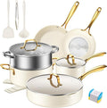 PekGema Ceramic Cookware Set 15-Pieces Pots and Pans Set Non Stick Oven Safe Non Toxic Kitchen Cookware Set PFOA PTFE FREE Gold White
