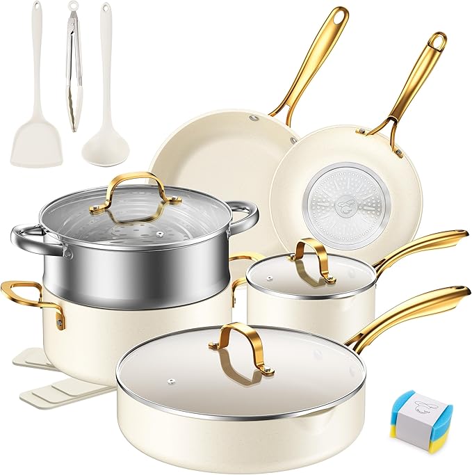 PekGema Ceramic Cookware Set 15-Pieces Pots and Pans Set Non Stick Oven Safe Non Toxic Kitchen Cookware Set PFOA PTFE FREE Gold White