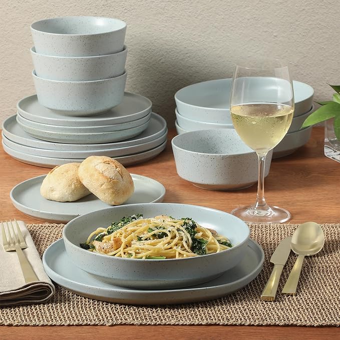Gibson Elite Overbrook 16-Piece Pottery Clay Stoneware Dinnerware Set – Light Blue Reactive Glaze Stackable Plates and Bowls w/Pasta Bowl Service for 4 – Microwave &amp Dishwasher Safe