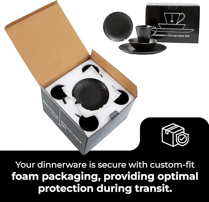 Spiderweb Dinnerware Set of 16 + Butter Dish Set - Gothic Kitchen Decor - Black Matte Porcelain with: 4 Dinner Plates 4 Salad Plates 4 Bowls 4 Mugs 1 Butter dish with Lid - Halloween Gifts