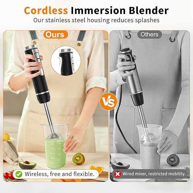 Cordless Immersion Blender Handheld 4-in-1 Cordless Hand Blender with 500ml Chopper 600ml Beaker &amp Egg Whisk 8 Speeds USB Rechargeable Handheld Blender Cordless – Smoothies Baby Food (Black)