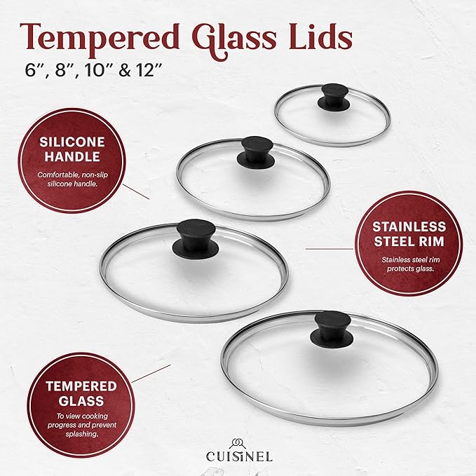 Cuisinel 6+8+10+12-Inch Cast Iron Skillets Set + Glass Lids + Silicone Handle Grips - Pre-Seasoned Frying Pan - Oven Cookware - Use Indoor/Outdoor Grill Stovetop Fire Camping Kitchen