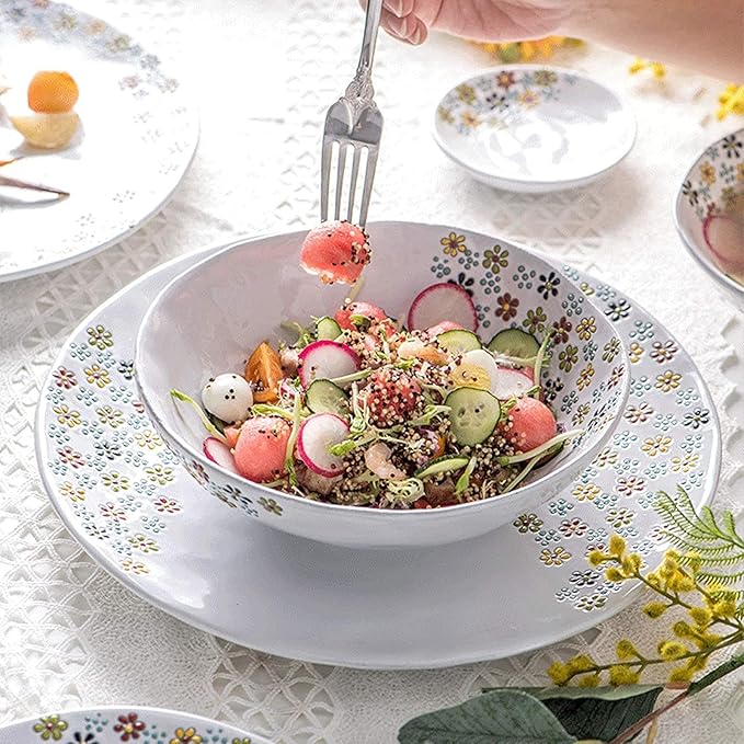 Stylish Dinner PlatesCeramics Dinner Sets 22 Pieces Floral Pattern Porcelain Dinnerware Set | Relief Cereal Bowl and Steak Plate for Wedding Housewarming Gift