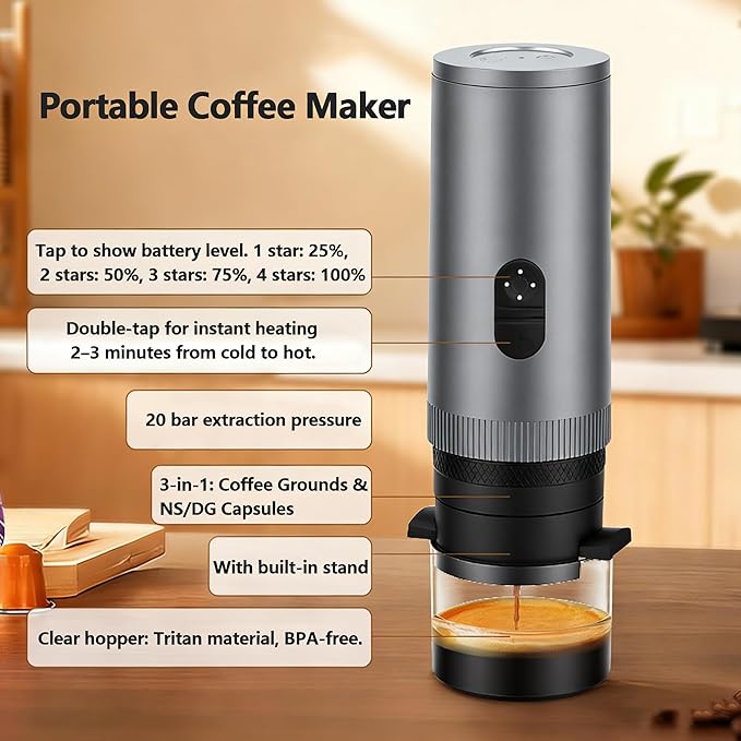 3-in-1 Portable Espresso Machine with Self-Heating 20 BAR Pressure 7800mAh Battery &amp Carrying Bag - Compact Travel Coffee Maker for Capsules Ground Coffee Iced Brew for Camping Hiking Office