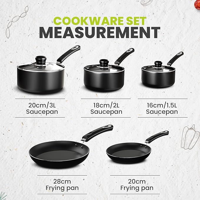 KICHLY Kitchen Pots and Pans Set Non Stick 5pcs Induction Frying Pans 20cm 28cm Saucepan with Lids 20cm 18cm Non Induction Saucepan 16cm Bakelite Handles Oven and Dishwasher Safe Pots Set Black