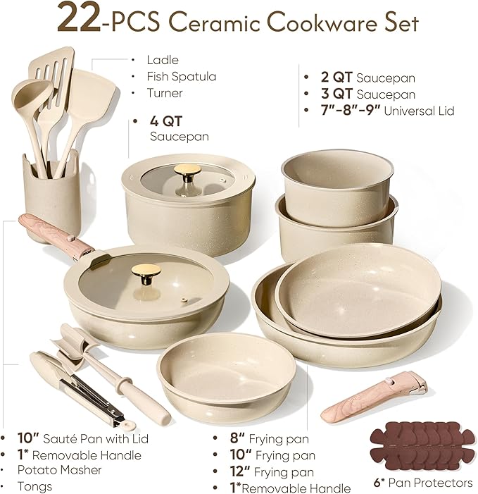 CAROTE 22PCS Pots and Pans set Non Stick Ceramic Cookware Set RV Kitchen Cooking Set Removable Handles Oven Safe Induction Coolware Non-toxic Kitchen Cooking Set PFAS and PFOA Free