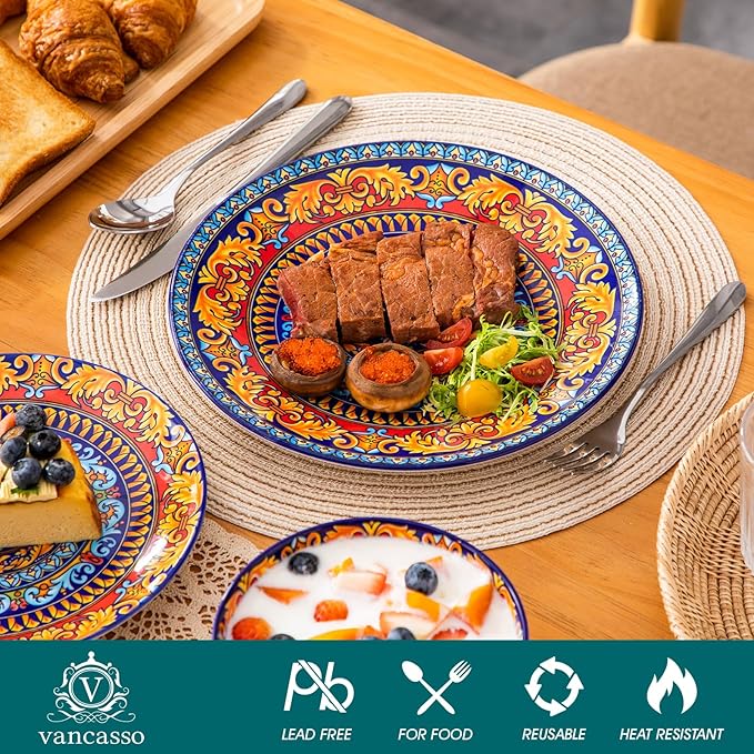 vancasso 18-Piece Dinnerware SetsCeramic Plates and Bowls Sets Service for 6 Bohemian Style Porcelain Dishes Set for 6 Microwave and Dishwasher Safe Scratch ResistantNon Toxic Series KRVI