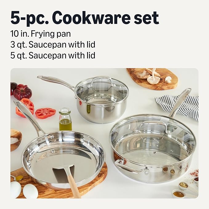 Amazon Basics Stainless Steel Cookware Set 5-Piece All Cooktop Friendly Dishwasher-Safe Induction Compatible