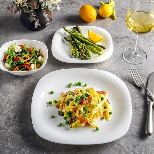 12 Piece White Tempered Opal Glass Dinnerware Set Service for 4 Chip Resistant Microwave &amp Dishwasher Safe