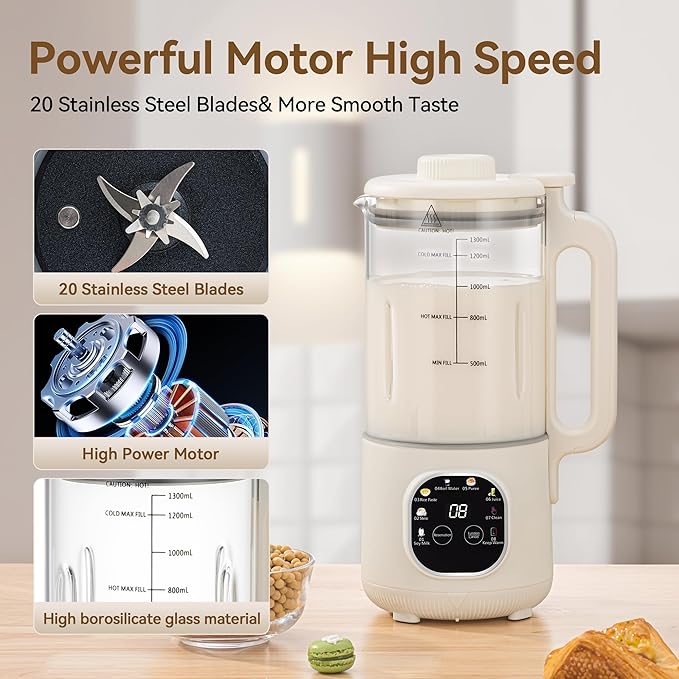 8 in 1 Nut Milk Maker Blender With 20 Bladers40oz Soy Almond Oat Coconut Plant Based and Non Dairy Beverages Automatic Soybean Machine With Delay Start/Keep Warm/Boil Water/Auto-clean
