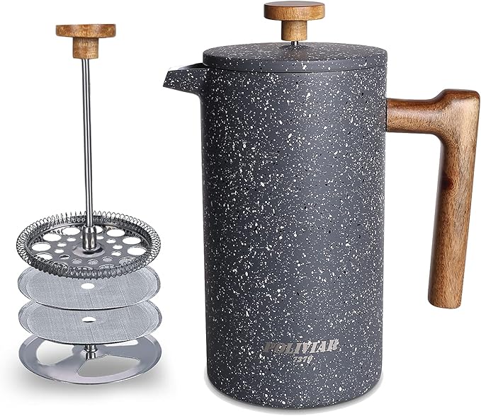 POLIVIAR French Press Coffee Maker 34 Ounce Coffee Press with Real Wood Handle Double Wall Insulation &amp Dual-Filter Screen Food Grade Stainless Steel for Good Coffee and Tea (Lava)