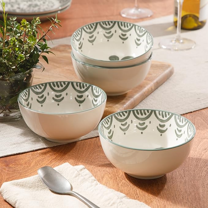 Bloomhouse - 2-Time Oprah’s Favorite Things - Valencia Flor 4 Piece 6” Cereal Bowl Set Stoneware Bowls Mediterranean Floral Decal Design Microwave &amp Dishwasher Safe Fern Green