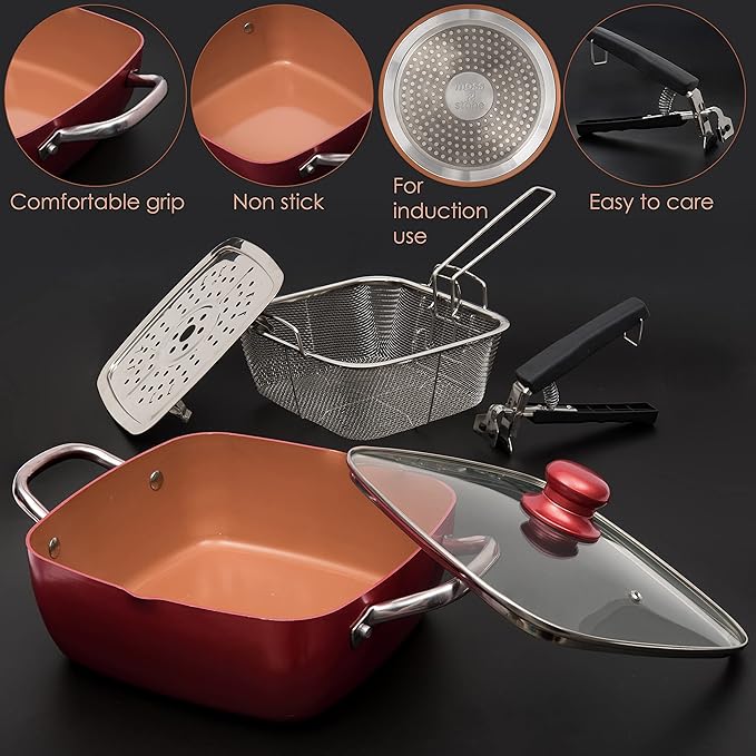 Moss &amp Stone 5 Pcs Copper Chef Cookware Set 9.5” Non Stick Deep Frying Pan Fry Basket Dishwasher &amp Oven Safe Induction Copper Cookware Set Bundle With Square Grill Pan For Indoor Cooking