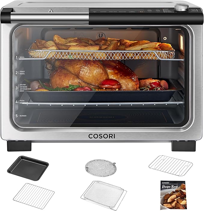 COSORI 11-in-1 Ceramic Air Fryer Toaster Oven Combo Flat-Sealed Heating Elements for Easy Cleanup Innovative Burner Function 5 Accessories &amp Recipes 26QT Silver Stainless Steel