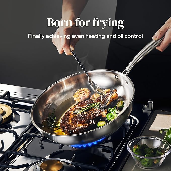 Redchef Stainless Steel Skillet Stainless Steel Frying Pan Professional Uncoated Frying Pan Healthy Induction Cookware for Searing &amp Sautéing Warp-Resistant Bonded Bottom Oven Safe Pan 9.5 I