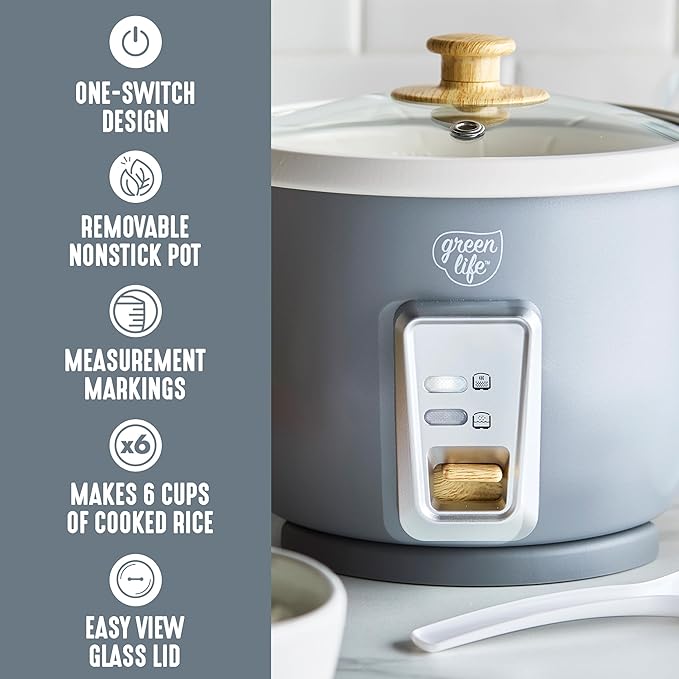 GreenLife Rice Cooker with Removable PFAS-Free Ceramic Nonstick Pot 3-Cups Uncooked/6-Cups Cooked Grains &amp Oatmeal Multicooker Compact One-Switch Design Auto Keep Warm Easy Clean Gray