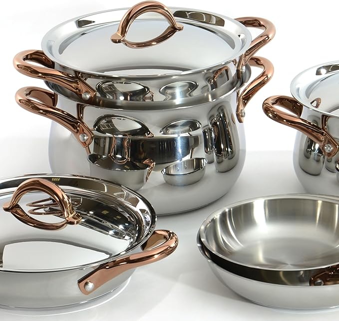 BergHOFF Ouro Gold 18/10 Stainless Steel 17Pc Cookware Set With Lids 11Pc Induction Pots and Pans and 6Pc Bamboo Cooking Utensils Set PFOA-free Rose Gold Handles
