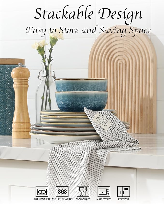 Sweejar Dinnerware Sets Service for 4 12 pcs Porcelain Plates and Bowls for Kitchen Housewaring Gift Chip and Scratch Resistant Dish Set Handmade Dishwasher and Microwave Safe Plate Set Blue