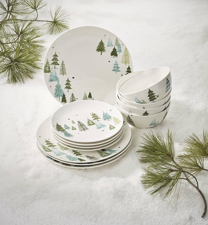 Lenox Dinnerware Balsam Lane 12-Piece Dinnerware Set Service For 4 Porcelain Dishwasher &amp Microwave Safe Plates &amp Bowls Sets Christmas Holiday Hosting Home and Kitchen (White/Green 12