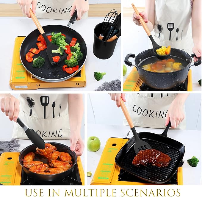 11 pieces of silicone cookware set heat-resistant wooden handle kitchen gadget storage bucket non-stick cookware (Pink)